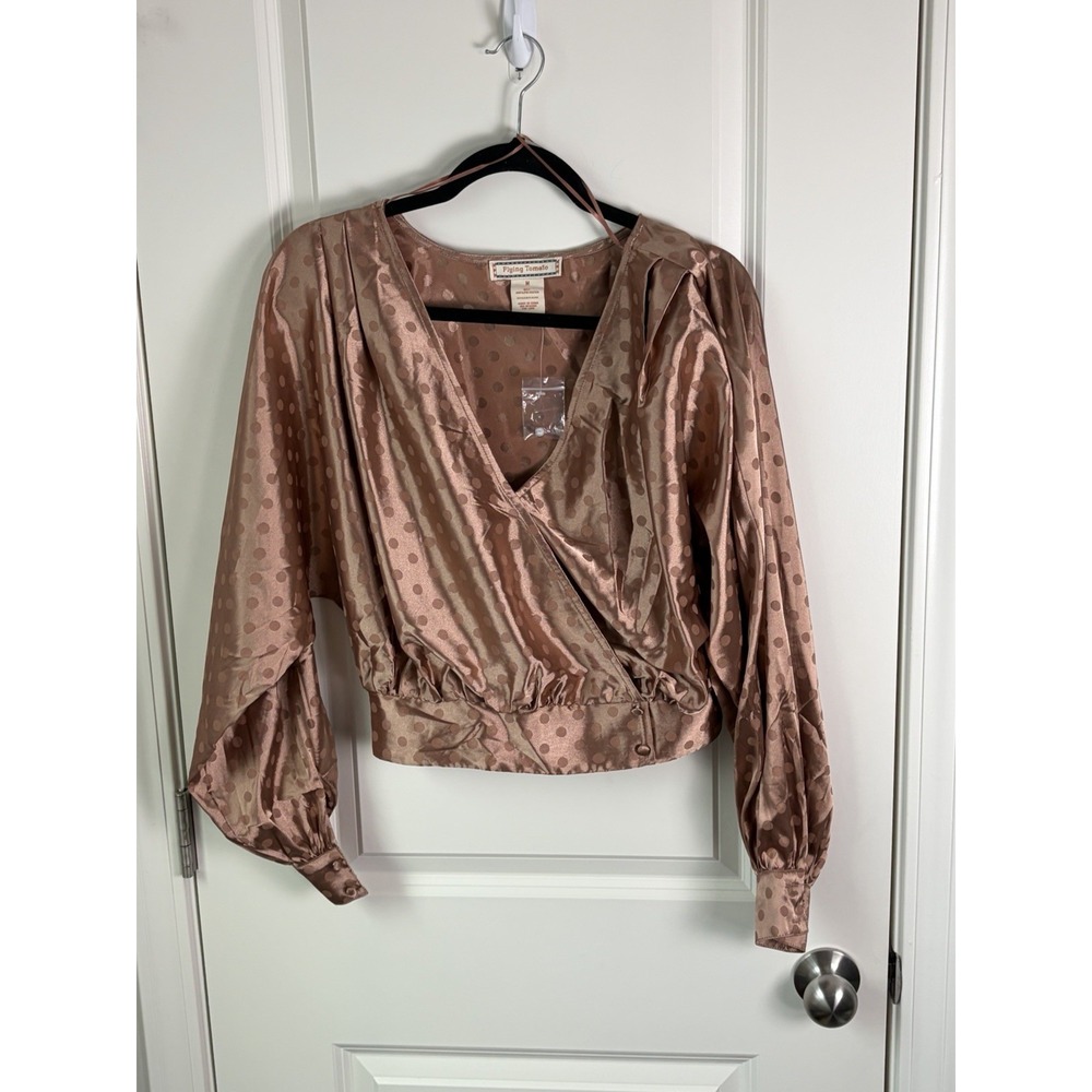 Flying Tomato Women Rose Gold Dot Satin Jacquard Wrap Crop Top Size Medium